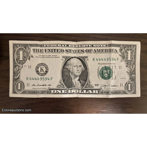 US Federal Reserve Note $1 2009 With 44449594 Serial Number  Rare 4s